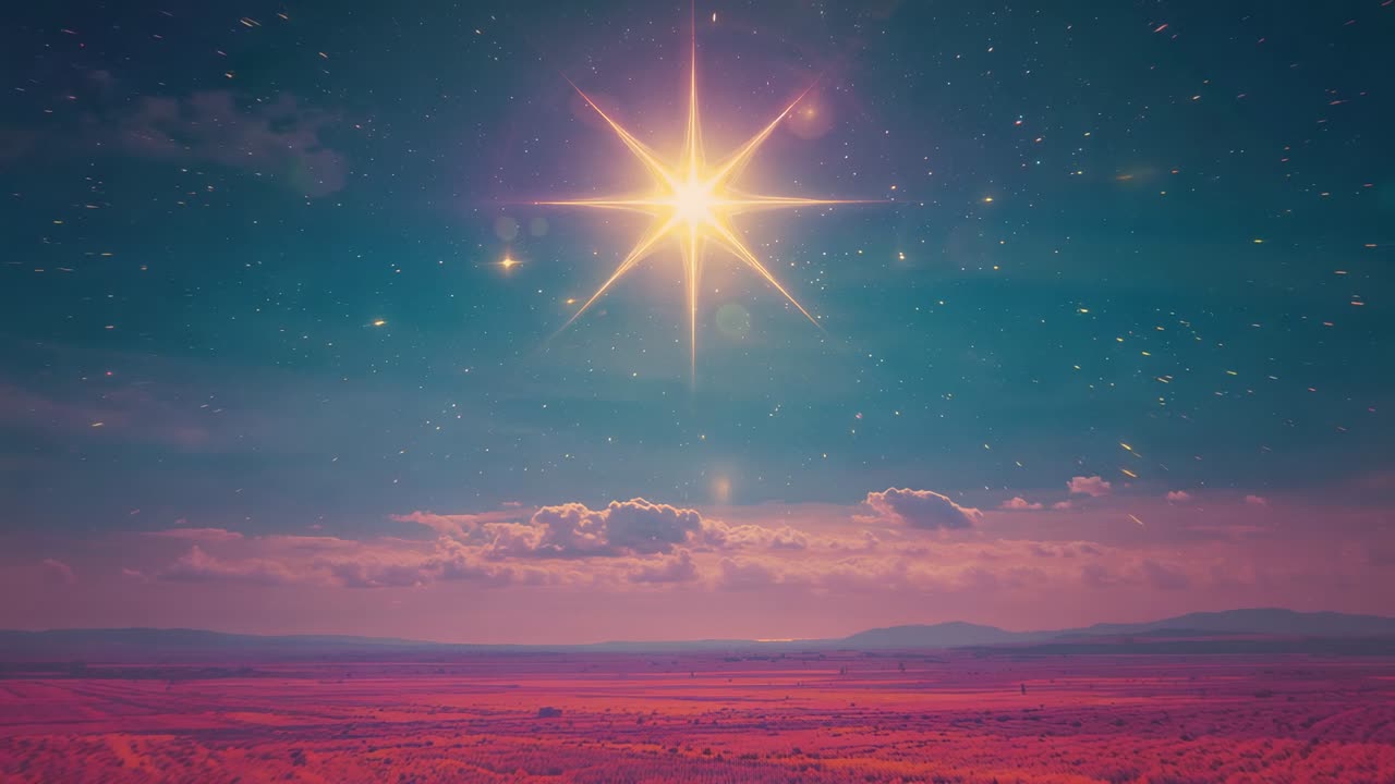 Emerging eight-pointed star intensifying glow and pulsing beams over red plain, with particles