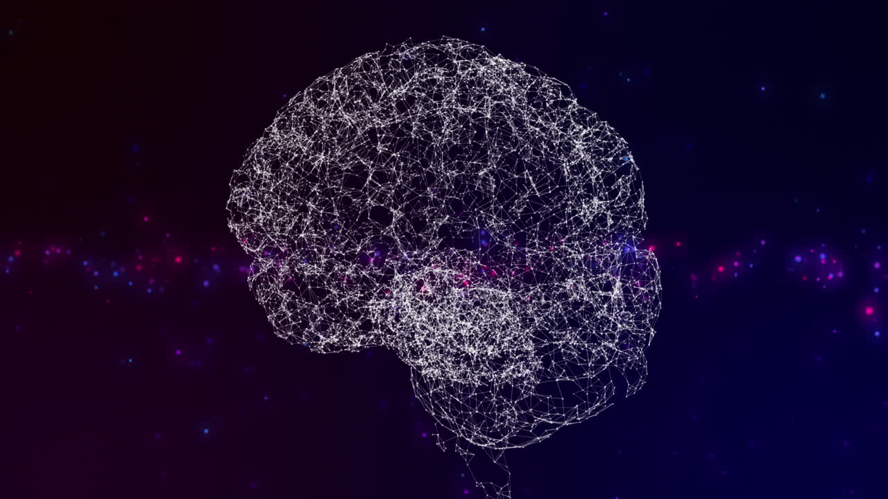 Human brain icon spinning against blue and pink spots of light on blue background