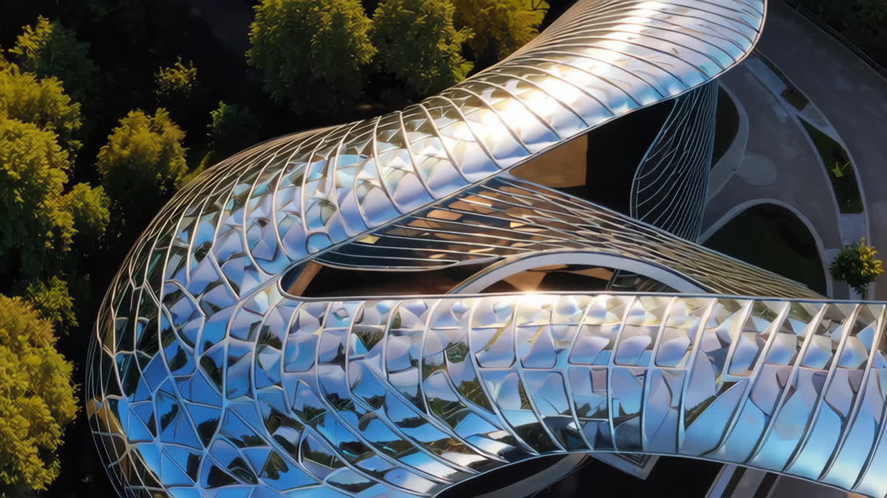 Aerial View of Modern Architectural Structure with Unique Facade Design