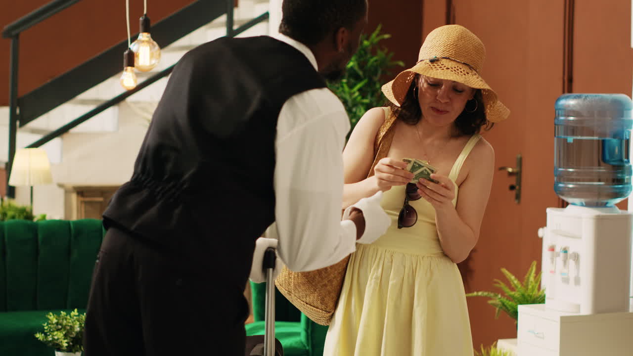 커플 이 벨보이 에게 현금  을 주는 것