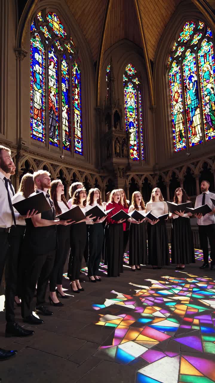 A video captures a choir singing in a cathedral, with a low-angle view highlighting stained glass
