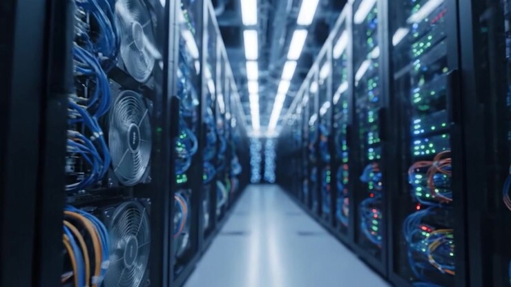 A Glimpse Inside an Advanced Data Center: High-Tech Servers and Networking Equipment Illuminated by LED Lights in a Modern IT Infrastructure