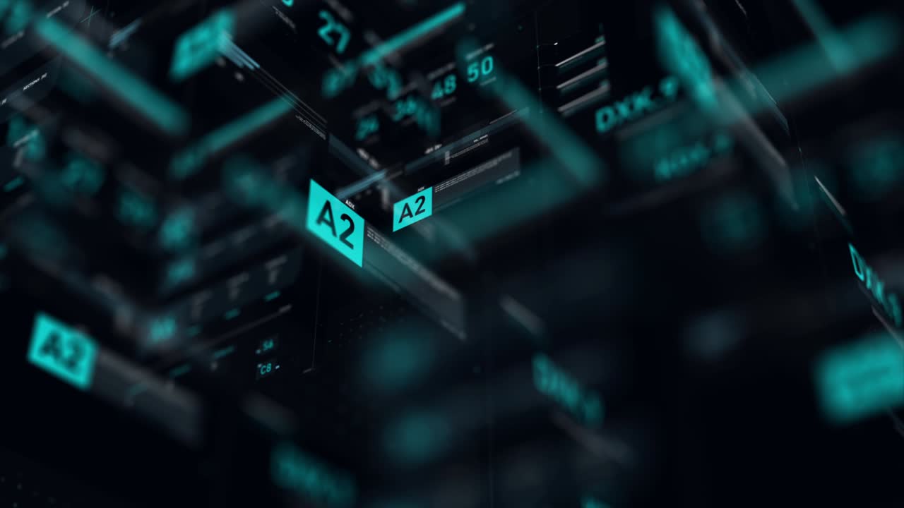 Futuristic user interface HUD GUI digital text number element for cyber technology concept with shallow depth of field dark and grain processed