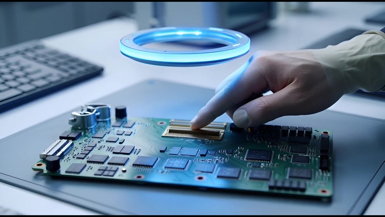 Hand Interacting with Circuit Board and Futuristic Holographic Ring