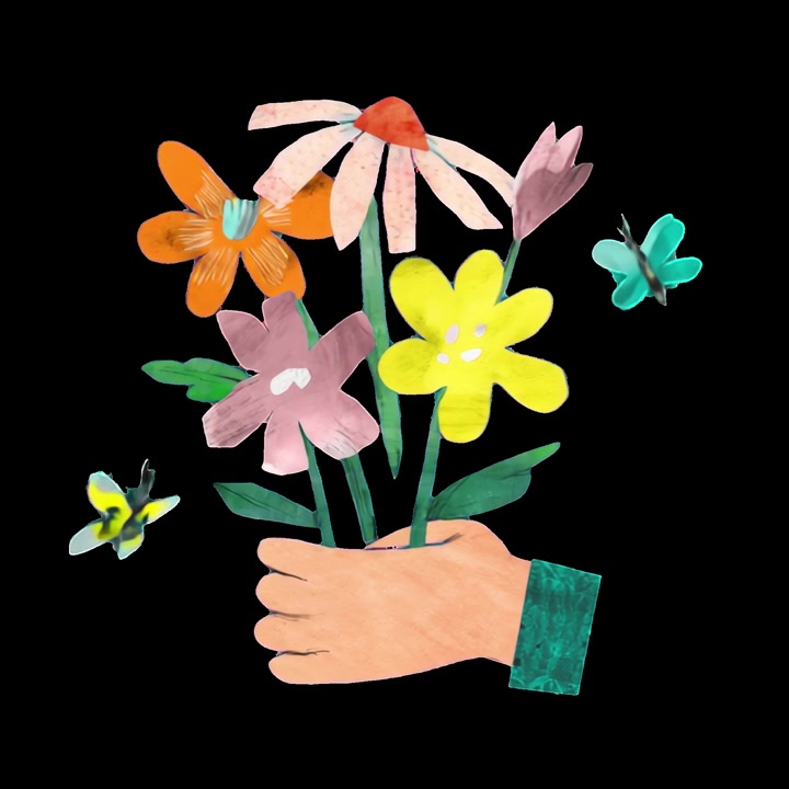 Mão Animada Segurando um Buquê Colorido de Flores com Borboletas