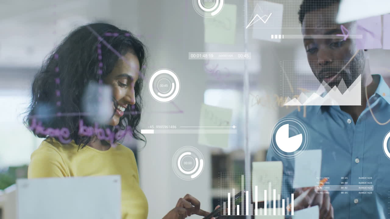 Animation of financial data processing over diverse business people in office