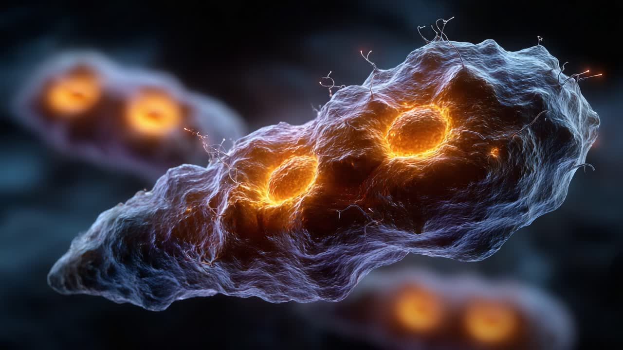 Microscopic Visualization of Biological Cells Illuminated with Orange Light, Showcasing Their Intricate Structure and Potential Role in Scientific Research