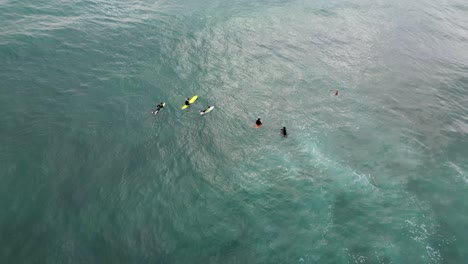 aerial view of surfers looking to catch waves