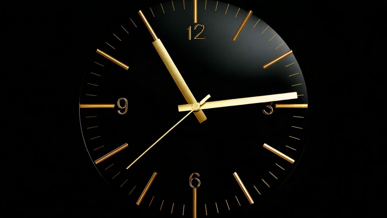 A Sophisticated Timepiece Displaying the Elegance of Design: A Close-Up Look at the Golden Hands of a Luxurious Black Clock Against a Dark Background, Capturing the Essence of Modern Minimalism and Functionality