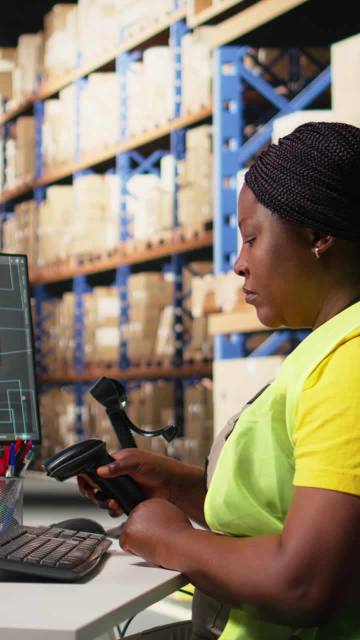 Vertical Video African american female scanning shipping labels with AI brain neural networks
