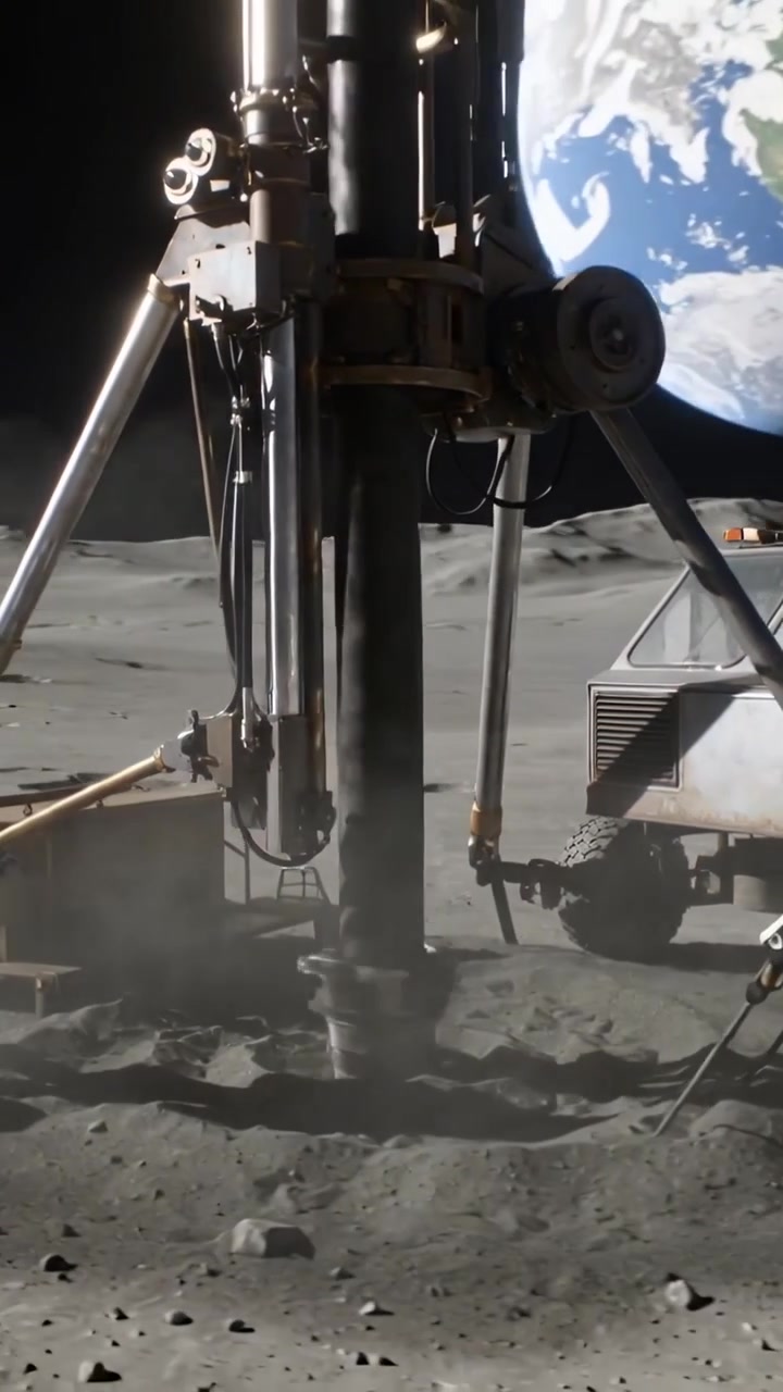 Video vertical: Taladro giratorio bajando la broca en una llanura lunar, astronauta con traje espacial usando una sonda para tomar muestras.