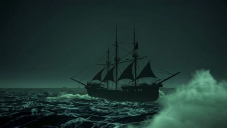 ghostly sailboat emerging through dense green fog, casting haunting silhouette against turbulent nighttime seascape, evoking mysterious maritime narrative