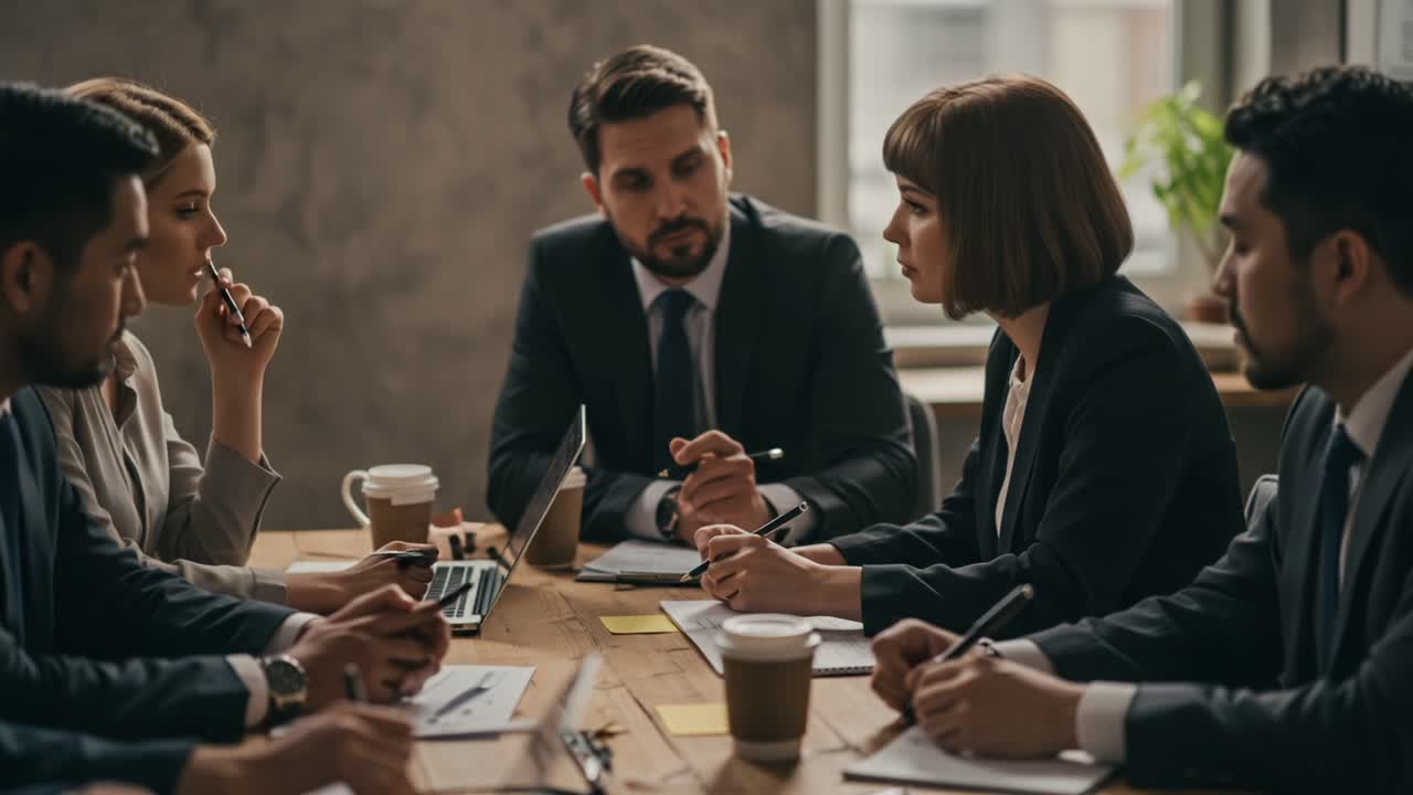 In a Professional Meeting, a Group of Executives Discuss Strategies and Ideas in a Modern Office Setting, Fostering Collaboration and Communication Among Colleagues