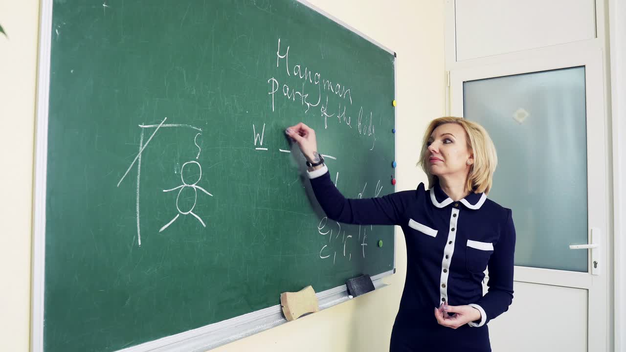 Teacher is writing letter on blackboard with chalk. Education in elementary school concept