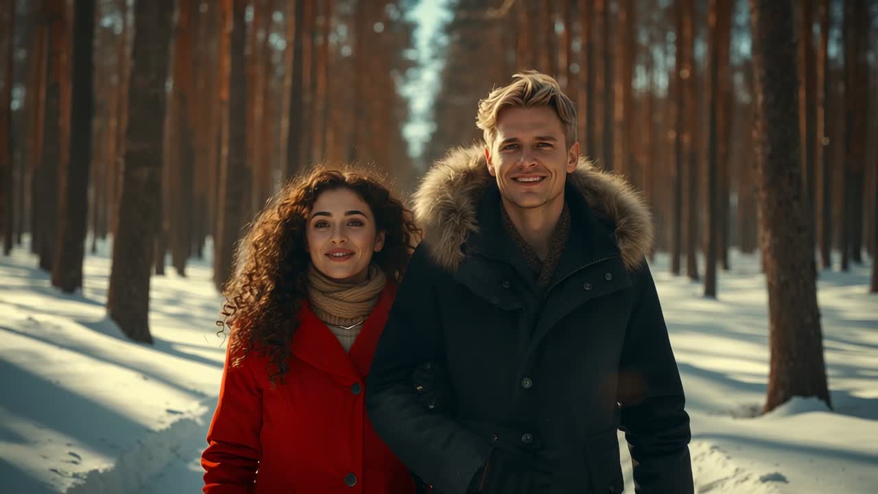 Walking couple wearing red coat and parka sharing smiles under sunlight through snowy pine woods