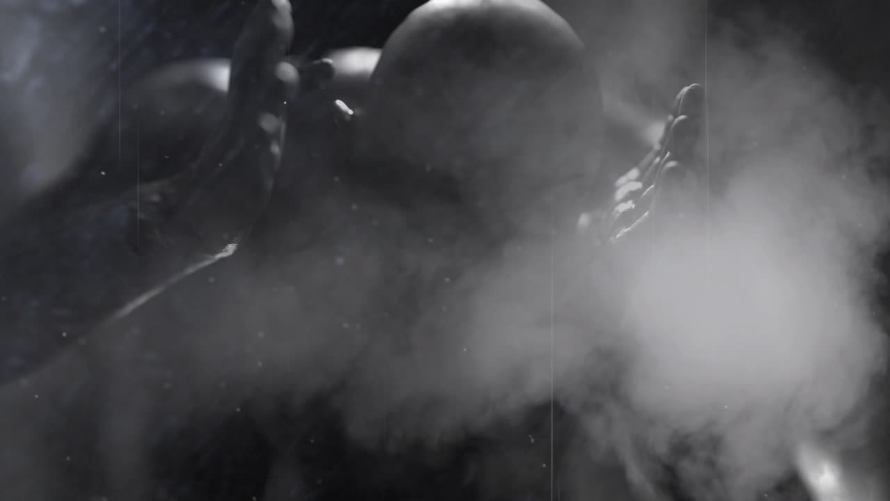 animación de arañazos, humo y luz roja sobre zombi aterrador en el pasillo sosteniendo la cabeza en dolor