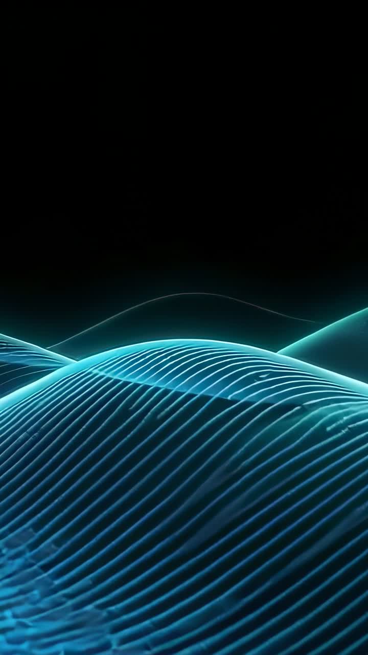 Vertical video: Looping glowing teal-blue mesh wave shifting in black void and adding depth