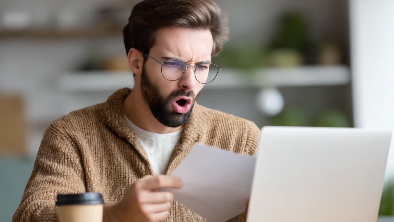 Frustration and Disbelief: A Man Reacts to Unsettling News While Working on His Laptop, Capturing the Moment of Stress and Surprising Emotions in a Casual Environment