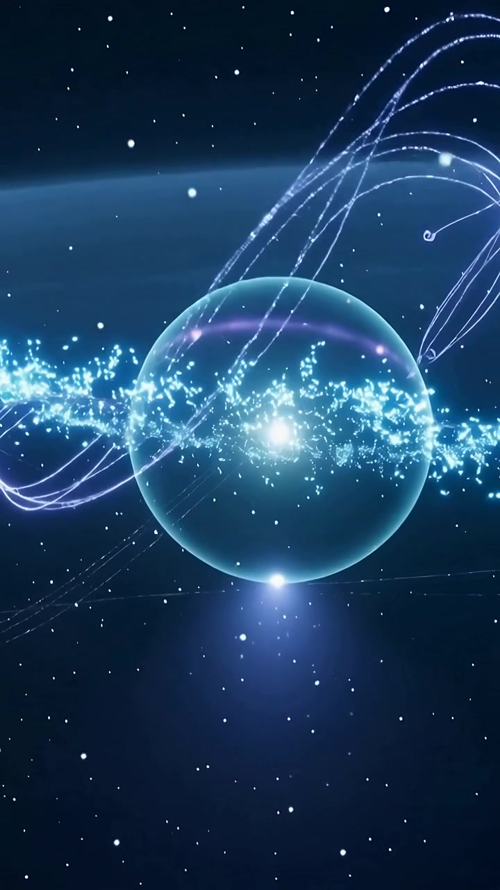 Video verticale: Sfera luminosa che pulsa ed emette un anello e nastri nello spazio, mostrando il flusso orbitale.