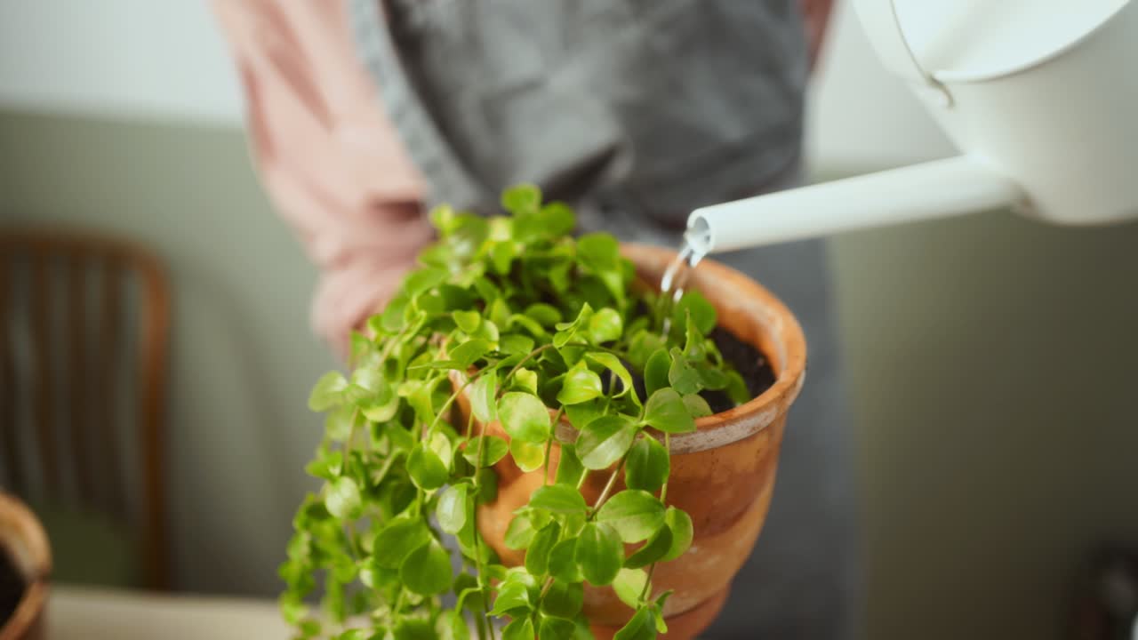 mujer anónima regando una planta en maceta