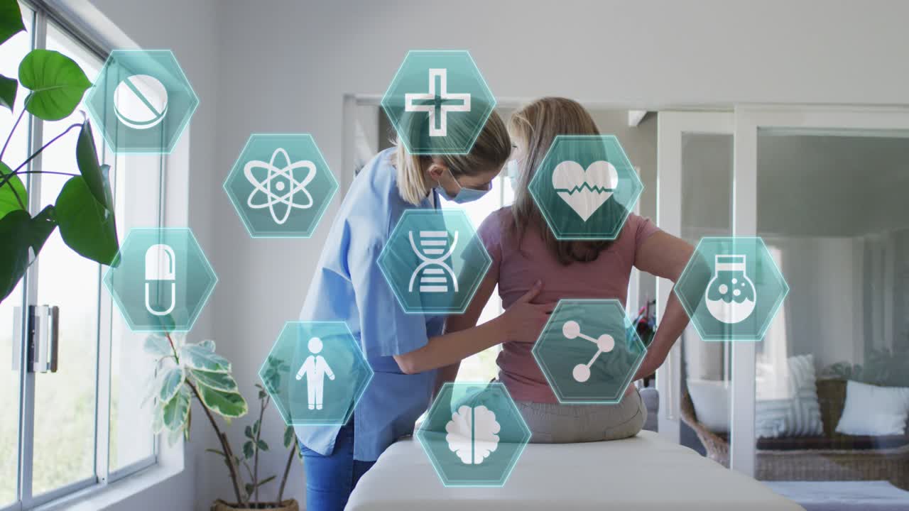 고령 백인 여성과 간호사가 운동하는 의료 아이콘의 애니메이션