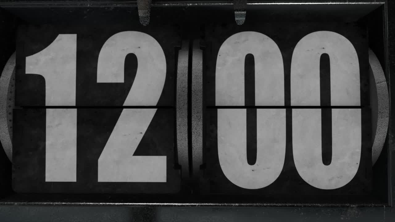 High quality CGI render of an old style industrial looking flip clock ticking over from 11