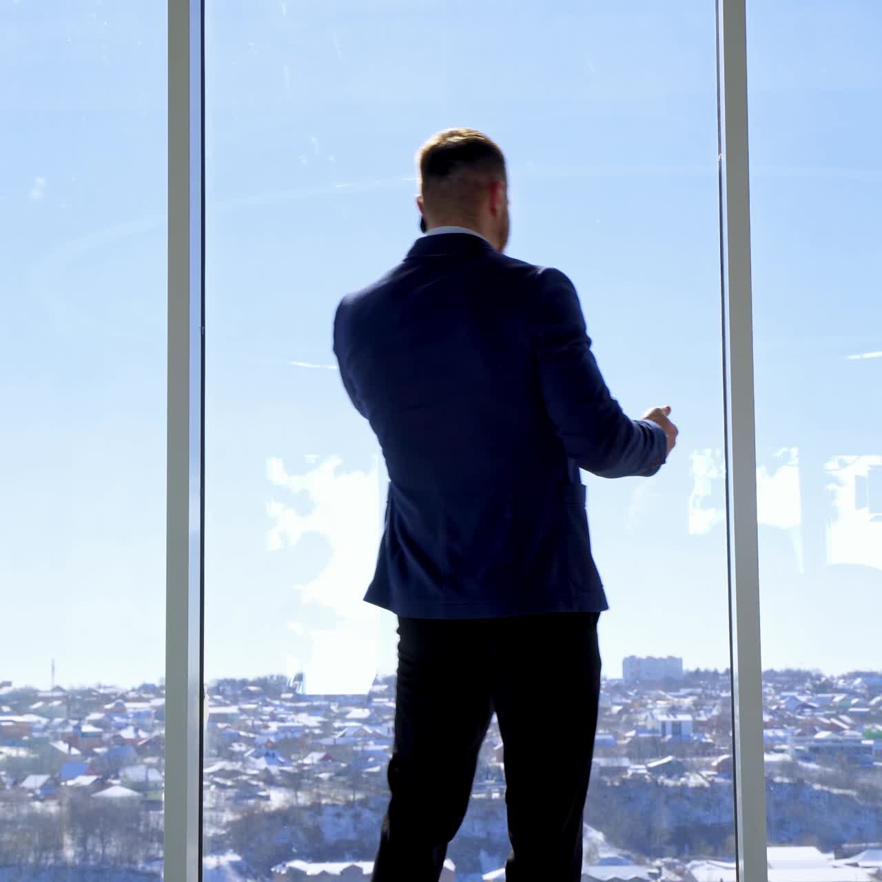 Businessman having a conversation through the phone. Young man in elegant suit standing near the large office window and talking the phone. Rear view