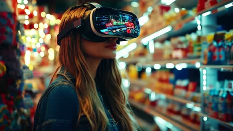 a woman wearing a virtual reality headset in a store