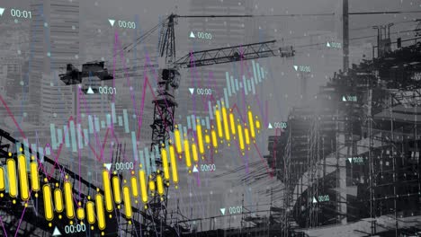 animation of construction site, financial data processing and statistics