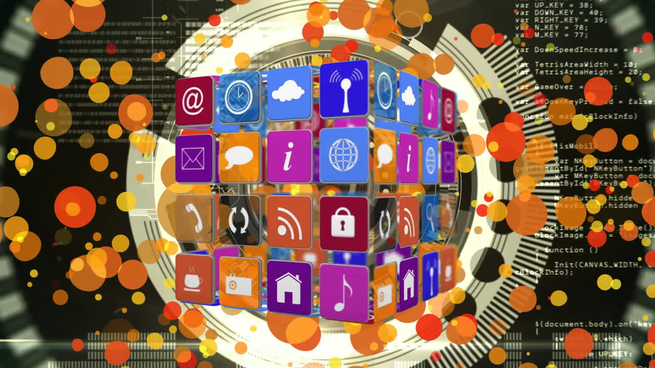 다채로운 배경에 있는 인터넷 아이콘과 기호