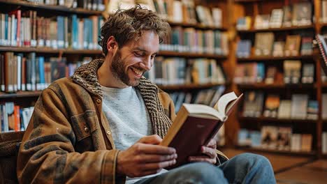 man happily reading a book in a library