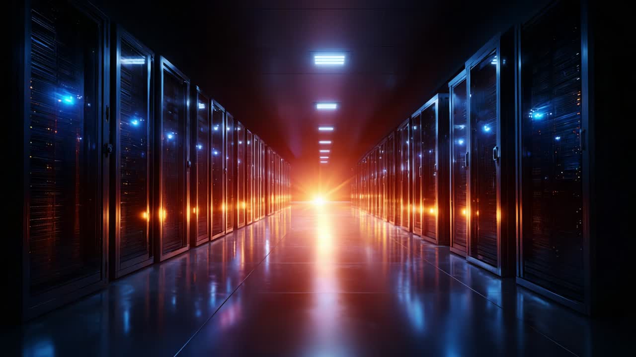 Illuminated Data Center Corridor with Rows of High-Tech Server Racks Creating a Futuristic Atmosphere of Technology and Connectivity as Warm Light Streams from the End of the Aisle