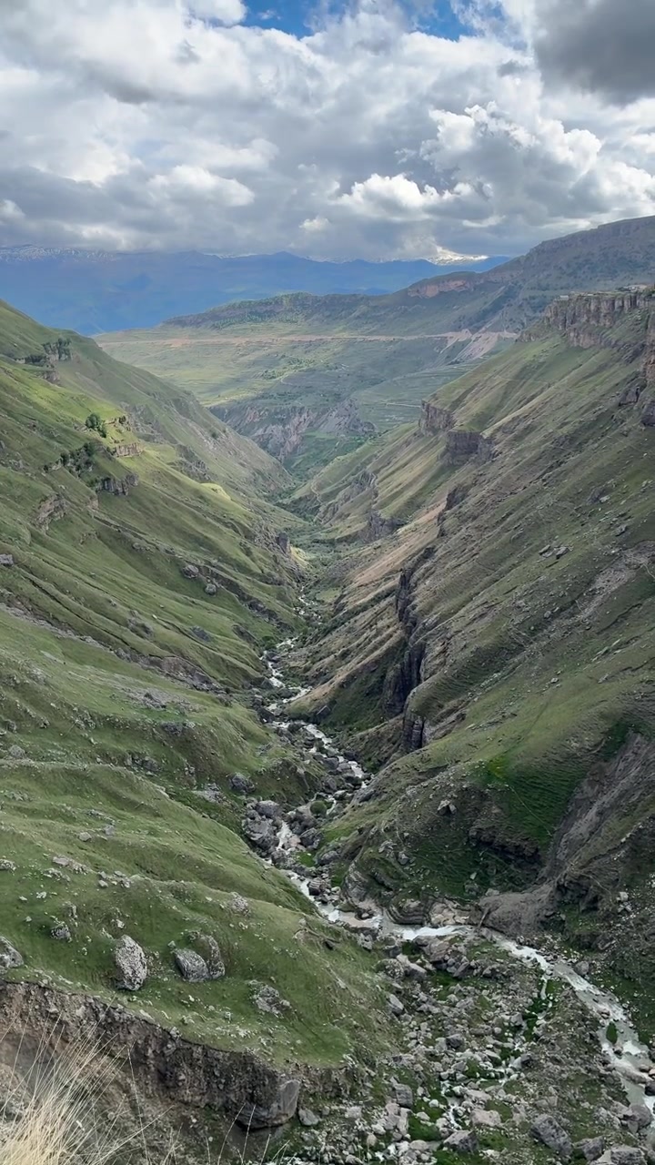 Un fiume di montagna scorre attraverso una valle profonda e lussureggiante con pendii ripidi sotto un cielo nuvoloso nel Distretto di Khunzakhsky, Repubblica del Dagestan, Russia