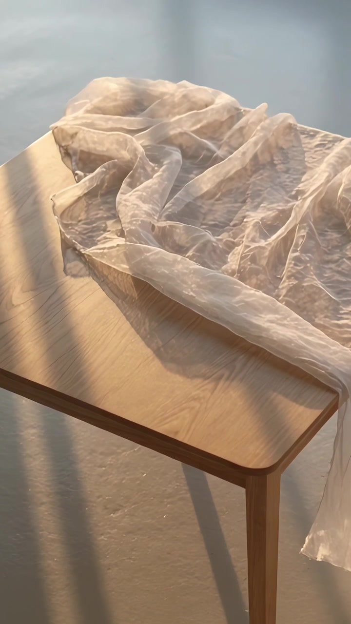 Video verticale: Sole che scorre entrando da sinistra, spostandosi su un piano di legno e un tessuto sottile che rivela le pieghe.