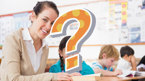 animation of orange question mark over happy female elementary school teacher and girl in class