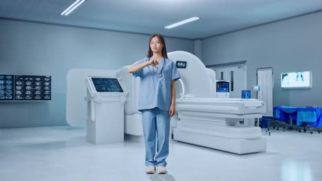 full body of asian female doctor showing thumbs down gesture while standing with mri machine