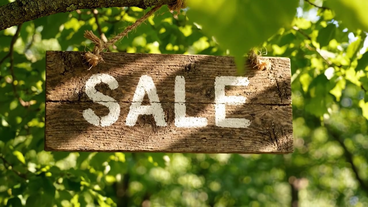 Insegna di vendita rustica in legno appesa tra il fogliame verde, che evidenzia sconti stagionali in un ambiente naturale all'aperto con uno sfondo lussureggiante.