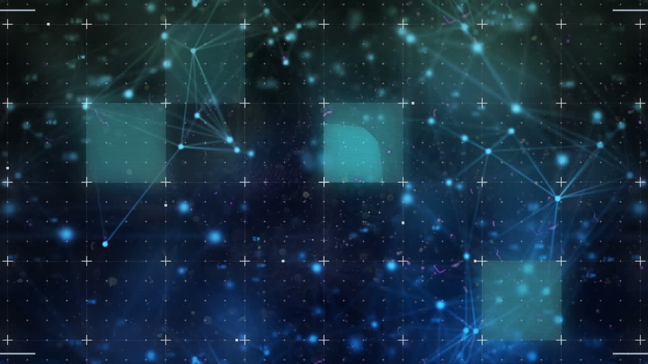 Animation of network of connections and flickering squares on grid background