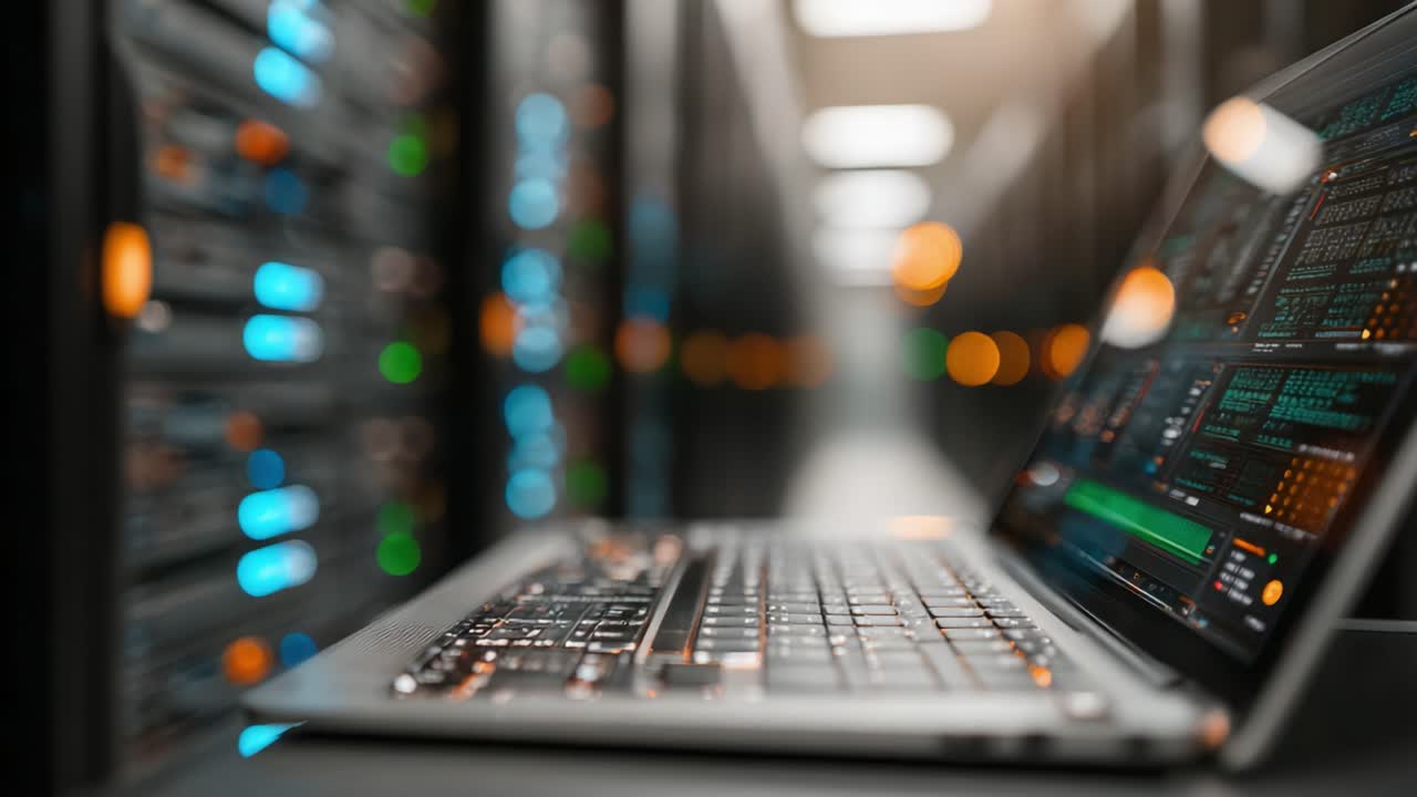 A sleek laptop positioned in front of a high-tech data center, showcasing vibrant server lights while processing complex information seamlessly, symbolizing modern computing technology