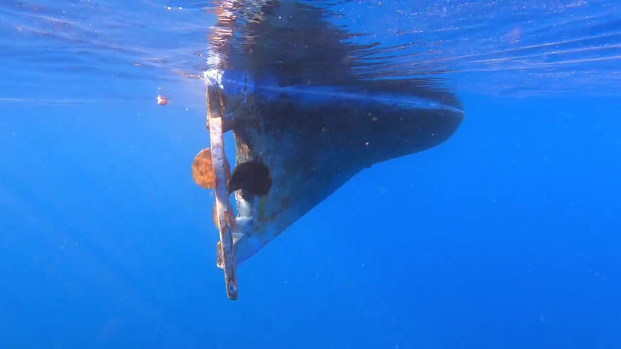 Underwater View of a Boat Propeller and Rudder