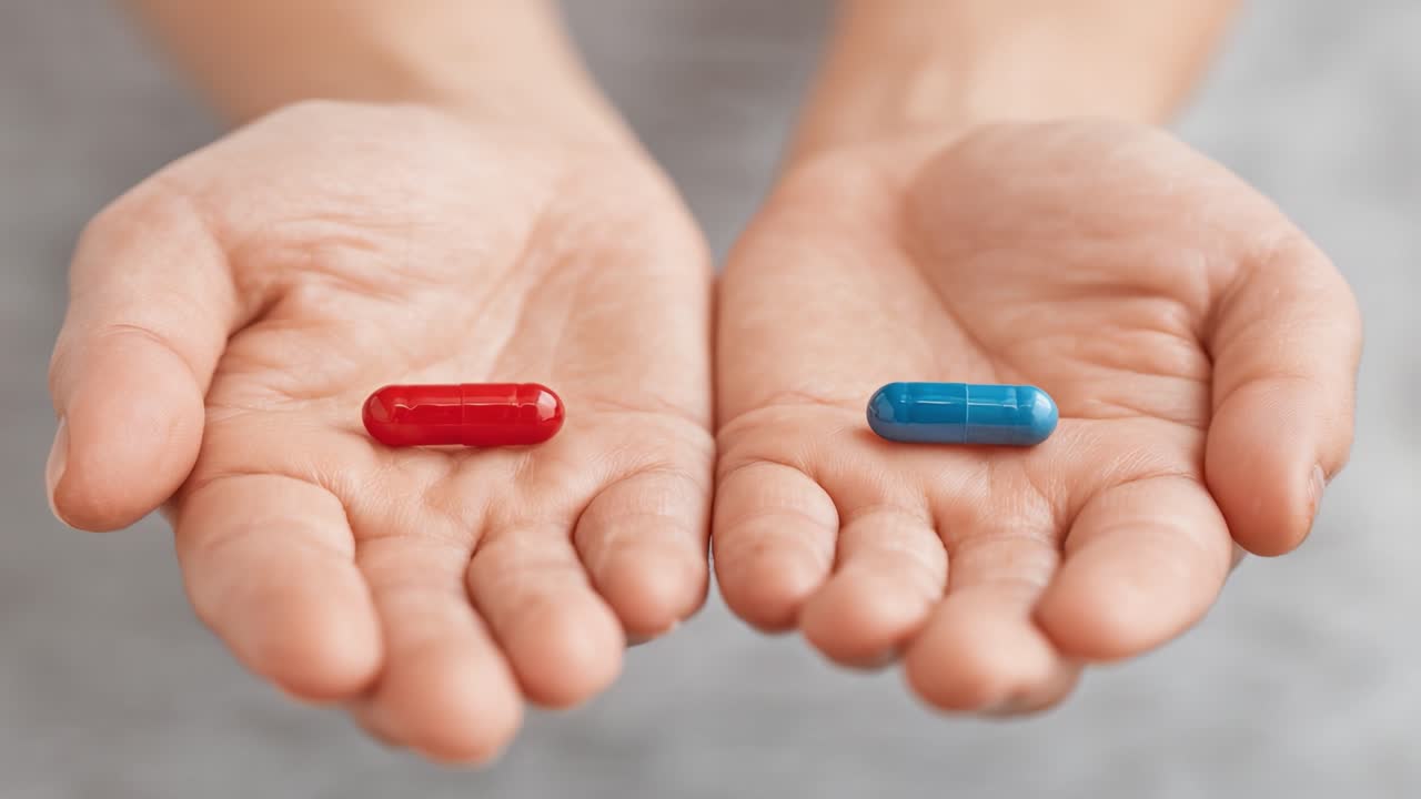 Uma Vista Detalhada de Duas Cápsulas Distintas Seguradas em Mãos Abertas, Simbolizando Escolha, Decisões e Diferentes Caminhos na Vida, Representadas pelas Cores Vermelho e Azul