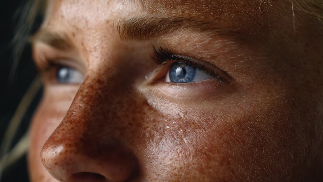 Close-Up of a Person's Eye Showcasing Detailed Freckles and Captivating Blue Iris with Intense Gaze Reflecting Emotion and Depth in a Dramatic Lighting Setting