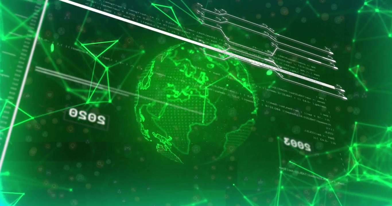 Scanning bar sweeping diagonally over green globe showing rotating year labels visualizing timeline