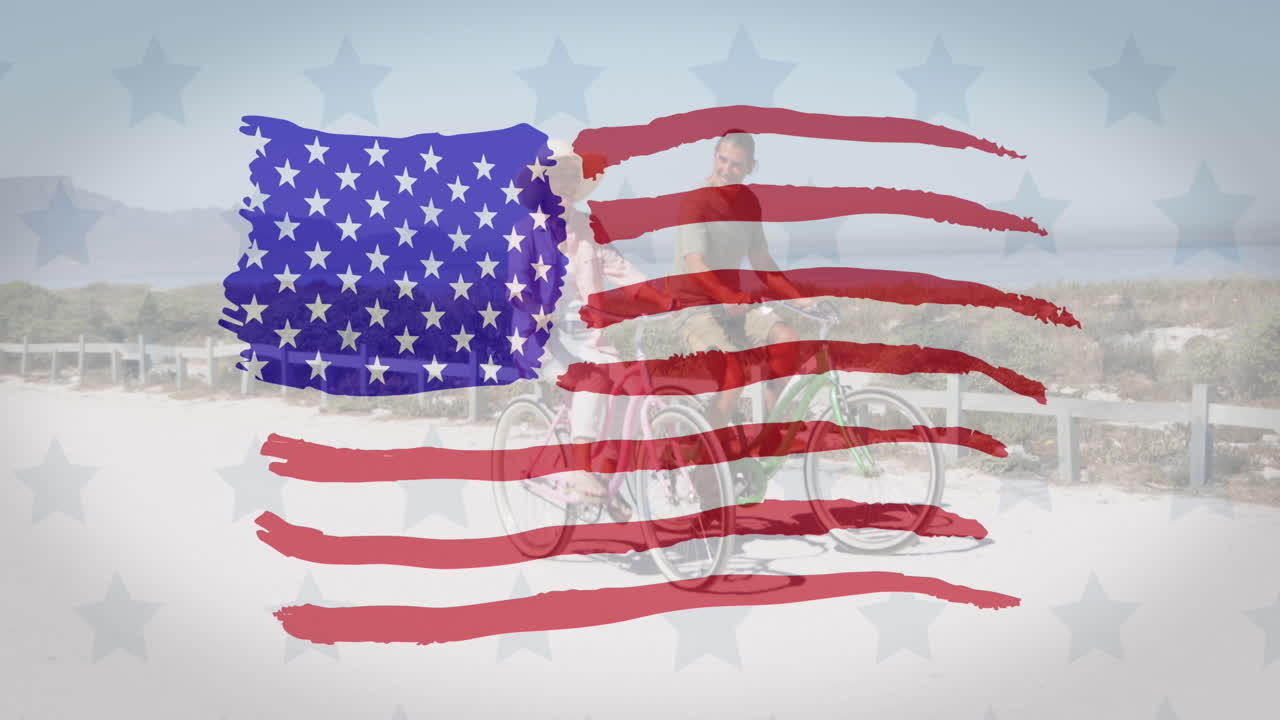 여러 별과 미국  ⁇ 발이 고령 부부가 자전거를 타고 흔들리고 있습니다.