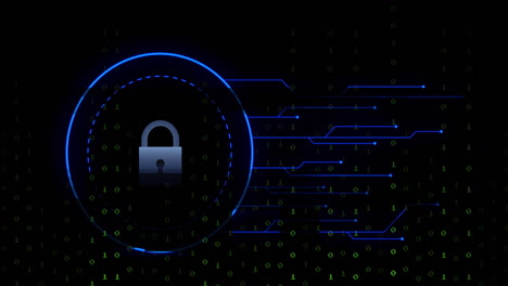Animation of online security padlock, binary coding and data processing