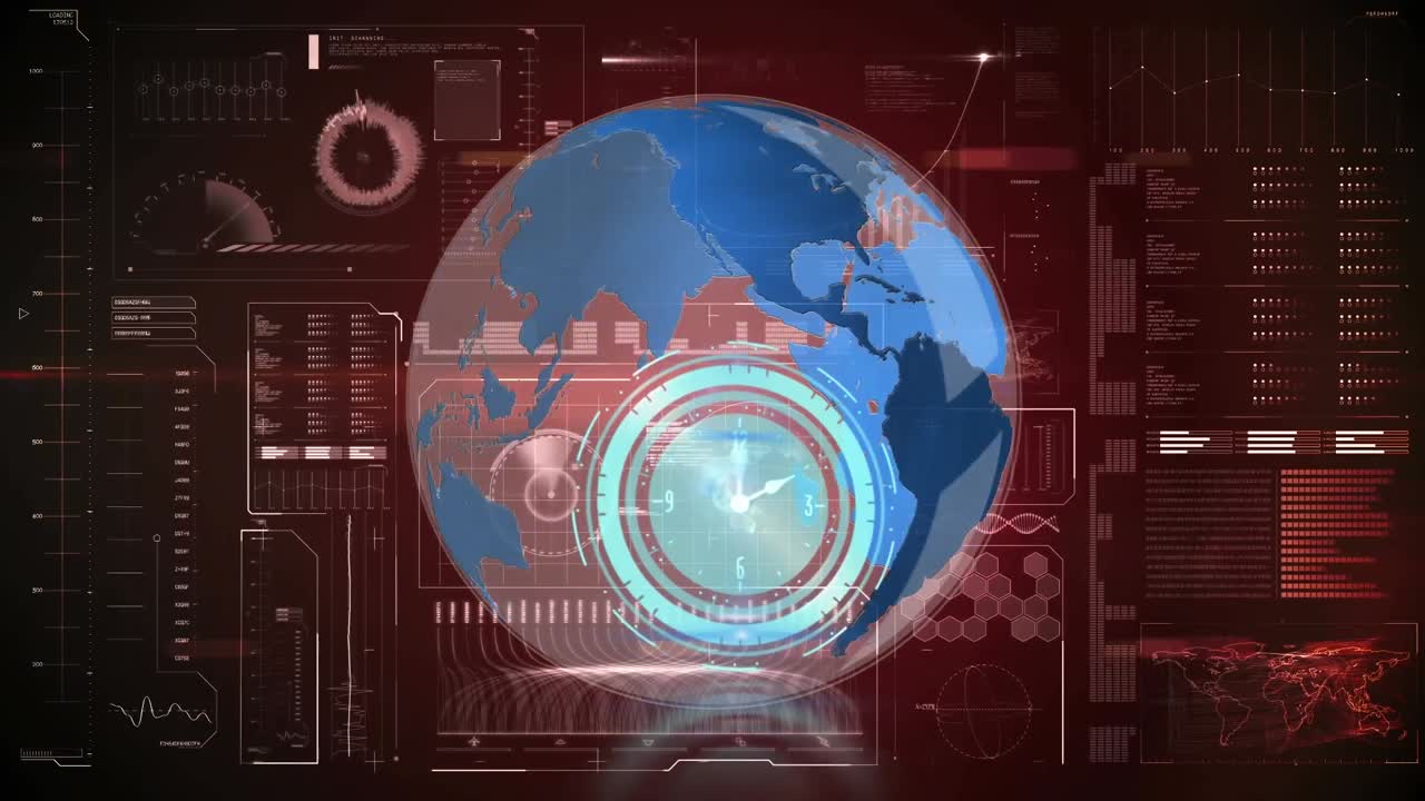 Animation of clock over globe and data processing on screen