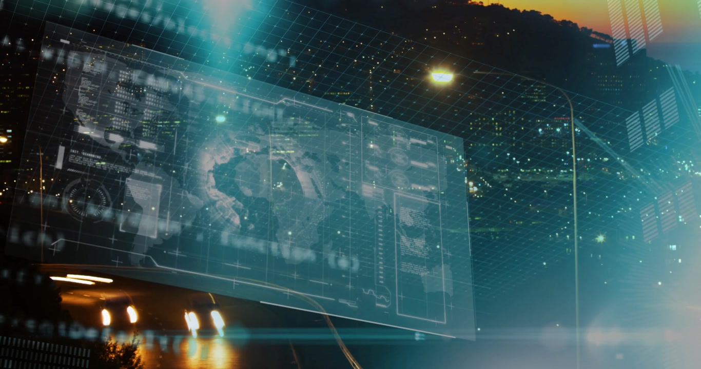 Animation of screen with globe and coding over time-lapse of vehicles moving on road in city