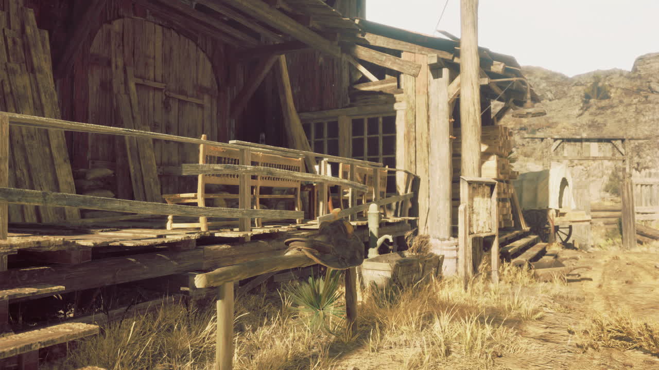 Old wooden structure with rustic furniture in dry landscape