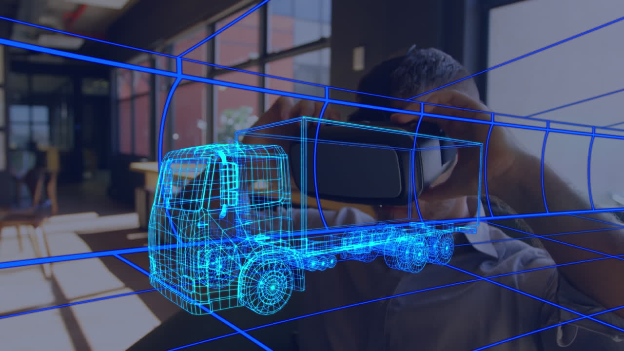 animación de dibujo 3d digital de un coche sobre un hombre usando auriculares vr