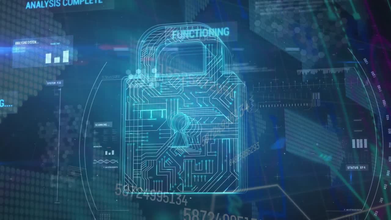 Animation of data and digital padlock on blue background